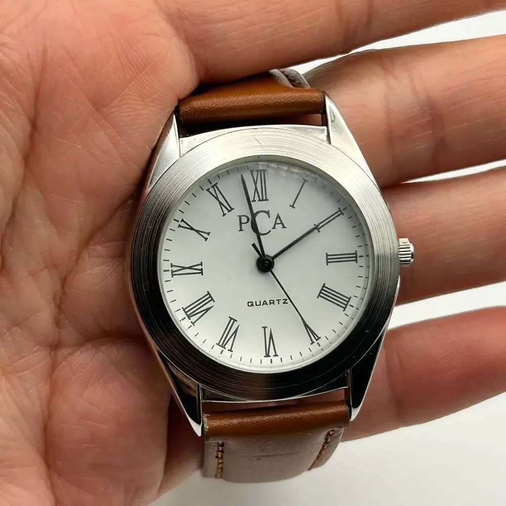 Pier Carlo D'Alessio (PCA) Silver Tone Brown Leather Watch Working New Battery